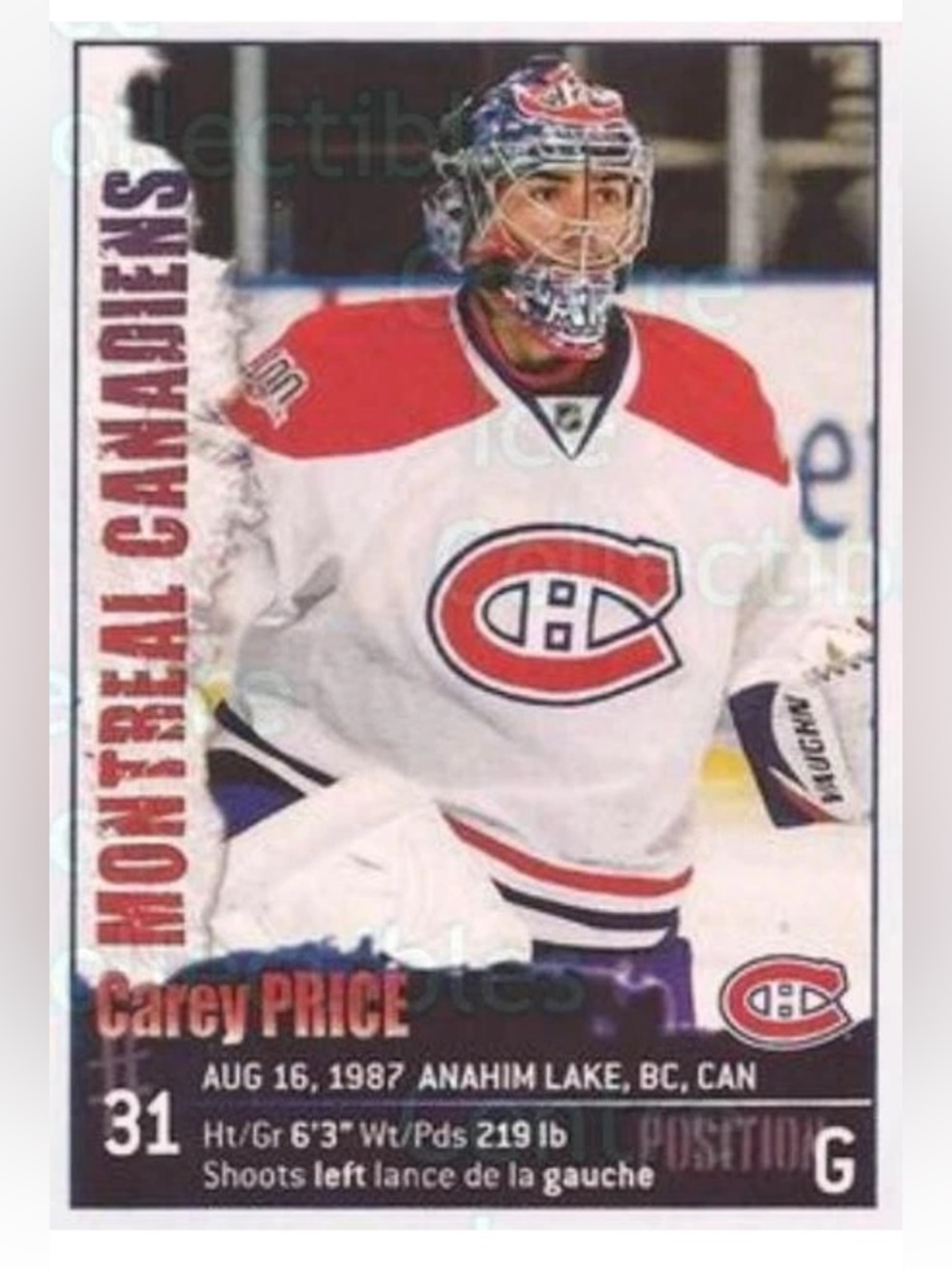 Carey Price 2009/10 Panini Montreal Canadiens Hockey Sticker Card